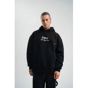 Erkek 3 İplik Pamuklu Kapüşonlu Baskılı Cepli Oversize Sweatshirt Hoodie - Siyah