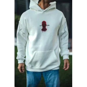Erkek Kapüşonlu Kanguru Cepli Sweatshirt 3 İplik Pamuklu Baskılı Hoodie -  Beyaz