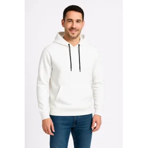 Erkek 3 İplik Pamuklu Kapüşonlu Kanguru Cepli SweatShirt hoodie - Beyaz