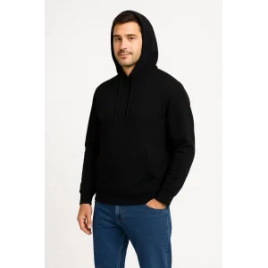Erkek 3 İplik Pamuklu Kapüşonlu Kanguru Cepli SweatShirt hoodie - Siyah