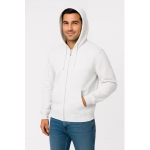 Erkek Üç İplik Kapüşonlu Tam Fermuarlı Kanguru Cepli SweatShirt Hoodie - Beyaz