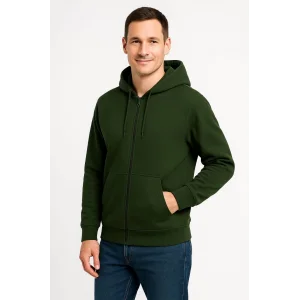 Erkek Üç İplik Kapüşonlu Tam Fermuarlı Kanguru Cepli Sweatshirt Hoodie - Haki