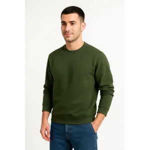 Erkek 3 İplik Pamuklu Düz Bisiklet Yaka SweatShirt - Haki