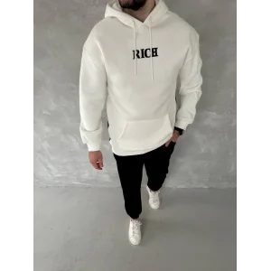 Erkek Kapüşonlu Kanguru Cepli Sweatshirt 3 İplik Pamuklu Baskılı Hoodie -  Beyaz