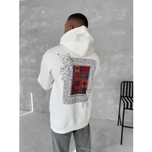 Erkek Kapüşonlu Kanguru Cepli Sweatshirt 3 İplik Pamuklu Baskılı Hoodie - Beyaz