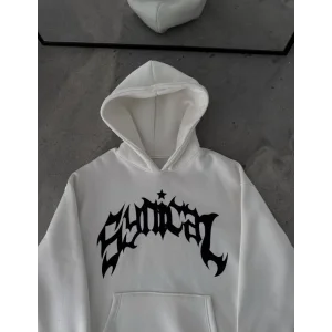 Erkek Kapüşonlu Kanguru Cepli Sweatshirt 3 İplik Pamuklu Baskılı Hoodie - Beyaz