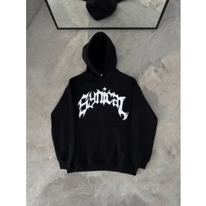 Erkek Kapüşonlu Kanguru Cepli Sweatshirt 3 İplik Pamuklu Baskılı Hoodie - Siyah