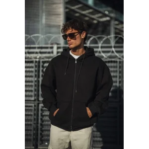 Erkek Tam Fermuarlı Cepli Kapüşonlu 3 iplik pamuklu hoodie Sweatshirt - Siyah
