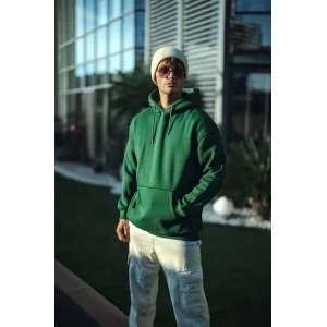 Erkek 3 İplik Pamuklu Kapüşonlu Basic SweatShirt Hoodie - Haki