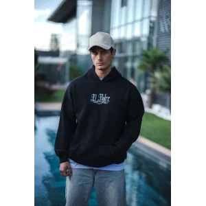 Erkek 3 İplik Pamuklu Kapüşonlu Baskılı Cepli Oversize Sweatshirt Hoodie - Siyah