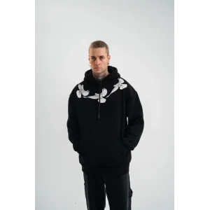 Erkek 3 İplik Pamuklu Kapüşonlu Baskılı Cepli Oversize Sweatshirt Hoodie - Siyah