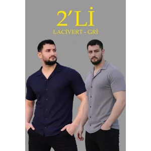 Erkek Waffle Kumaş Açık Yakalı Düğmeli Regular Fit Gömlek 2’li Set Lacivert-Gri
