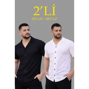 Erkek Waffle Dokuma Açık Yakalı Düğmeli Regular Kalıp 2’li Gömlek Seti - Siyah & Beyaz