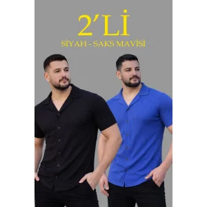 Erkek Waffle Kumaş Açık Yakalı Düğmeli Regular Fit Gömlek 2’li Set Siyah-Saks Mavisi