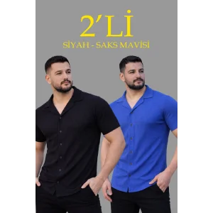 Erkek Waffle Dokuma Açık Yakalı Düğmeli Regular Kalıp 2’li Gömlek Seti - Siyah & Saks Mavisi