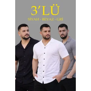 Erkek Waffle Kumaş Yazlık Yakalı Kısa Kol Düğmeli Gömlek 3’lü Set Siyah-Beyaz-Gri
