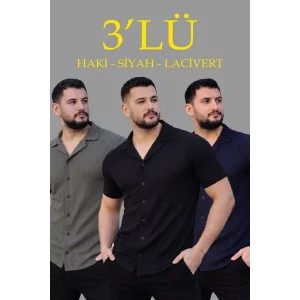 Erkek Waffle Kumaş Yakalı Kısa Kol Düğmeli Gömlek 3’lü Set Siyah-Haki-Lacivert