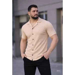 Erkek Waffle Kumaş Kısa Kollu Düğmeli Açık Yaka Regular Fit Gömlek - Bej