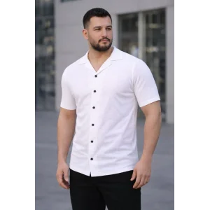 Erkek Waffle Kumaş Kısa Kollu Düğmeli Açık Yaka Regular Fit Gömlek - Beyaz