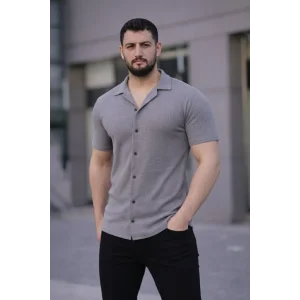 Erkek Waffle Kumaş Kısa Kollu Düğmeli Açık Yaka Regular Fit Gömlek - Gri
