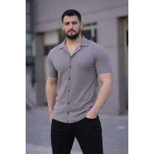 Erkek Waffle Kumaş Kısa Kollu Düğmeli Açık Yaka Regular Fit Gömlek - Gri