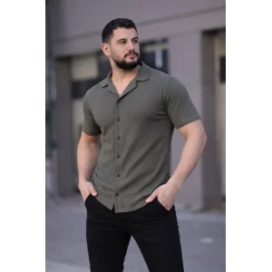 Erkek Waffle Kumaş Kısa Kollu Düğmeli Açık Yaka Regular Fit Gömlek - Haki