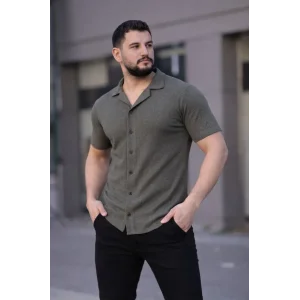 Erkek Waffle Kumaş Kısa Kollu Düğmeli Açık Yaka Regular Fit Gömlek - Haki
