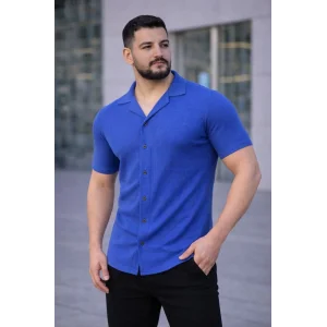 Erkek Waffle Kumaş Kısa Kollu Düğmeli Açık Yaka Regular Fit Gömlek - Saks Mavisi
