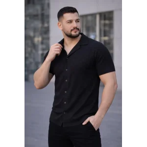 Erkek Waffle Kumaş Kısa Kollu Düğmeli Açık Yaka Regular Fit Gömlek - Siyah