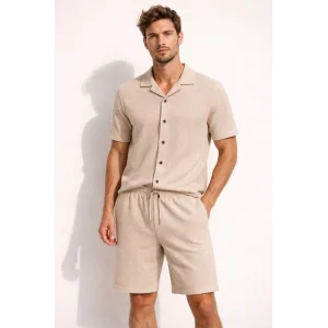Erkek Waffle Kumaş Kısa Kollu Gömlek Şort Takım Regular Fit Yazlık İkili Set - Bej