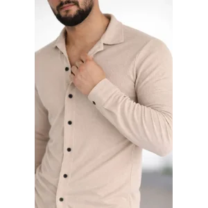 Erkek Waffle Kumaş Uzun Kollu Düğmeli Açık Yaka Regular Fit Gömlek - Bej
