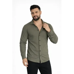 Erkek Waffle Kumaş Uzun Kollu Düğmeli Açık Yaka Regular Fit Gömlek - Haki