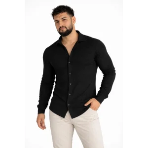 Erkek Waffle Kumaş Uzun Kollu Düğmeli Açık Yaka Regular Fit Gömlek - Siyah