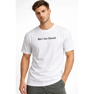 Erkek Wafıl Kumaş Tişört Regular Kalıp Bisiklet Yaka Baskılı Günlük Basic T-Shirt - Beyaz
