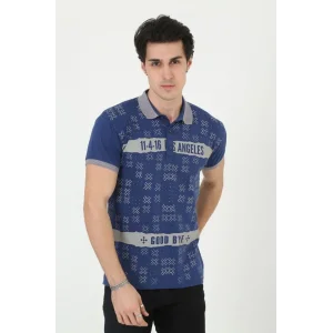 Erkek Polo Yaka tişört Slim Fit Baskılı Kısa kol T-Shirt - Mavi