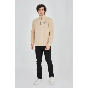 Erkek Yarım Fermuarlı Baskılı 3 iplik pamuklu sweatshirt - Bej