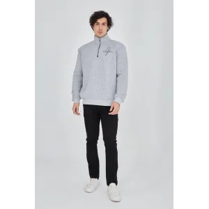 Erkek Yarım Fermuarlı Baskılı 3 iplik pamuklu sweatshirt - Gri