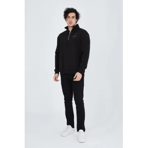 Erkek Yarım Fermuarlı Baskılı 3  iplik pamuklu sweatshirt - Siyah