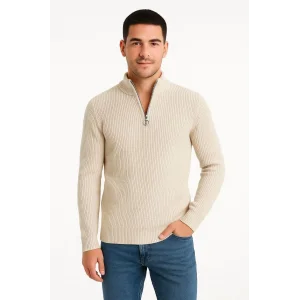 Erkek Yarım Fermuarlı Triko Kazak – Selanik Örgü, Dik Yaka, Pamuklu Dokuma, Regular Fit Uzun Kollu Kışlık Model - Bej