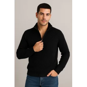 Erkek Yarım Fermuarlı Triko Kazak – Selanik Örgü, Dik Yaka, Pamuklu Dokuma, Regular Fit Uzun Kollu Kışlık Model - Siyah