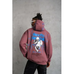 Erkek 3 İplik Pamuklu Kapüşonlu Baskılı Cepli Sweatshirt Hoodie - Gül Kurusu