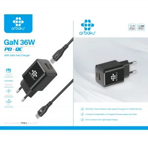 GaN Teknoloji 36W PD Type-C to Type-C Şarj Kablosu – ARB-016 Siyah