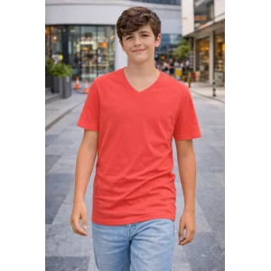 Genç Erkek Çocuk V Yaka Tişört Model - Nar Çiçeği