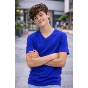 Genç Erkek Çocuk V Yaka Tişört Model - Saks Mavisi