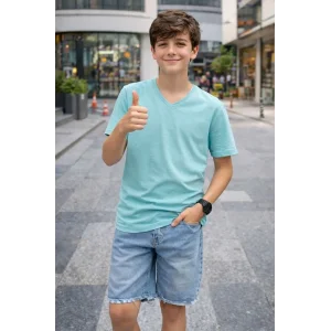 Genç Erkek Çocuk V Yaka Tişört Model - Turkuvaz