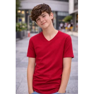 Genç Erkek Çocuk V Yaka Tişört Yazlık Model Günlük Basic Body - Bordo