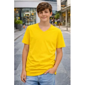 Genç Erkek Çocuk V Yaka Tişört Yazlık Model Günlük Basic Body - Sarı