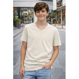 Genç Erkek Çocuk V Yaka Tişört Yazlık Model Günlük Basic Body - Taş