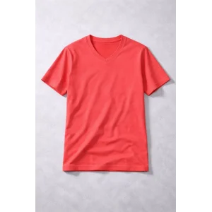 Genç Kız Çocuk V Yaka Tişört Yazlık Model Günlük Basic Body - Nar Çiçeği