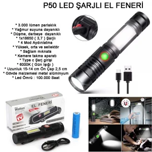 Geniş Açılı P50 Led Şarjlı El Feneri  Wt-601